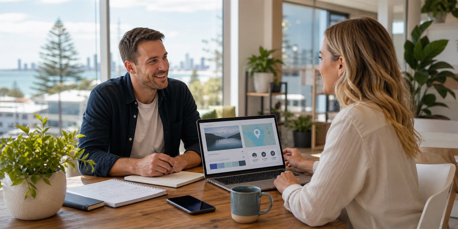 Small business owner meeting with a local web designer near the Queensland coast