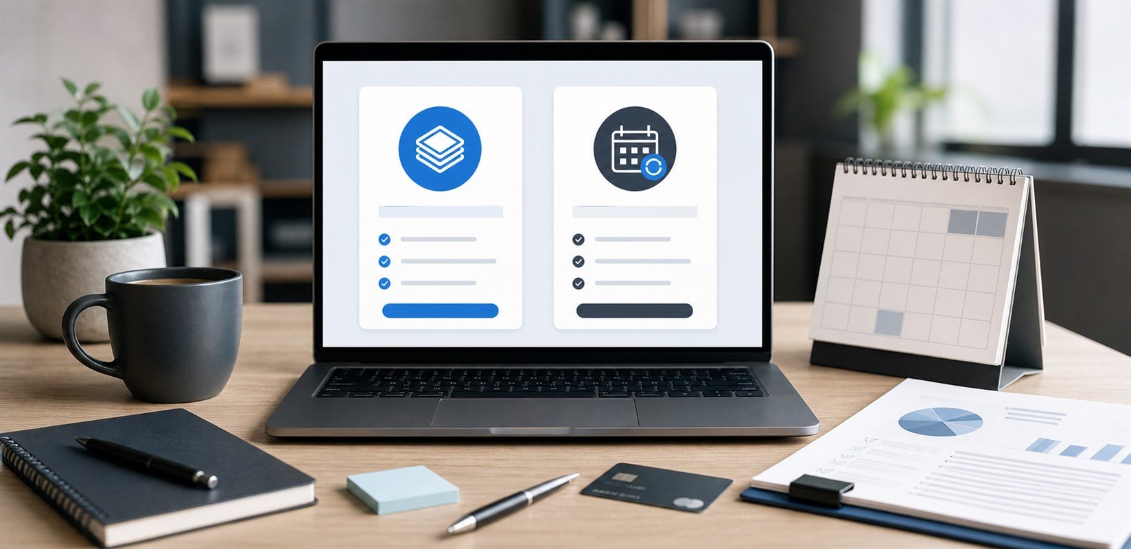 Laptop showing two website package options beside a calendar and business paperwork