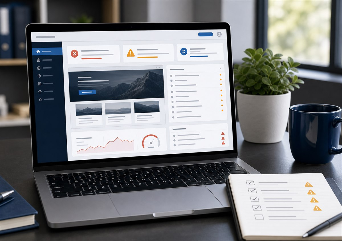 Website dashboard showing updates, bugs, old content, and maintenance issues