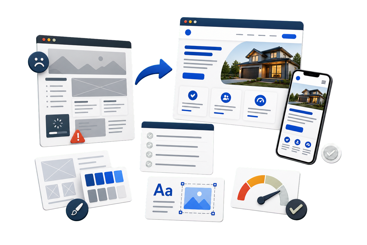 Website makeover process showing review, priority changes, design improvements, and launch checks