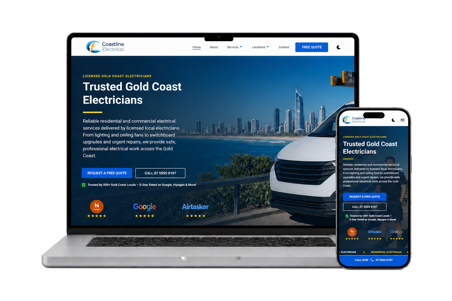 Coastline Electrical GC website displayed on a laptop and mobile phone