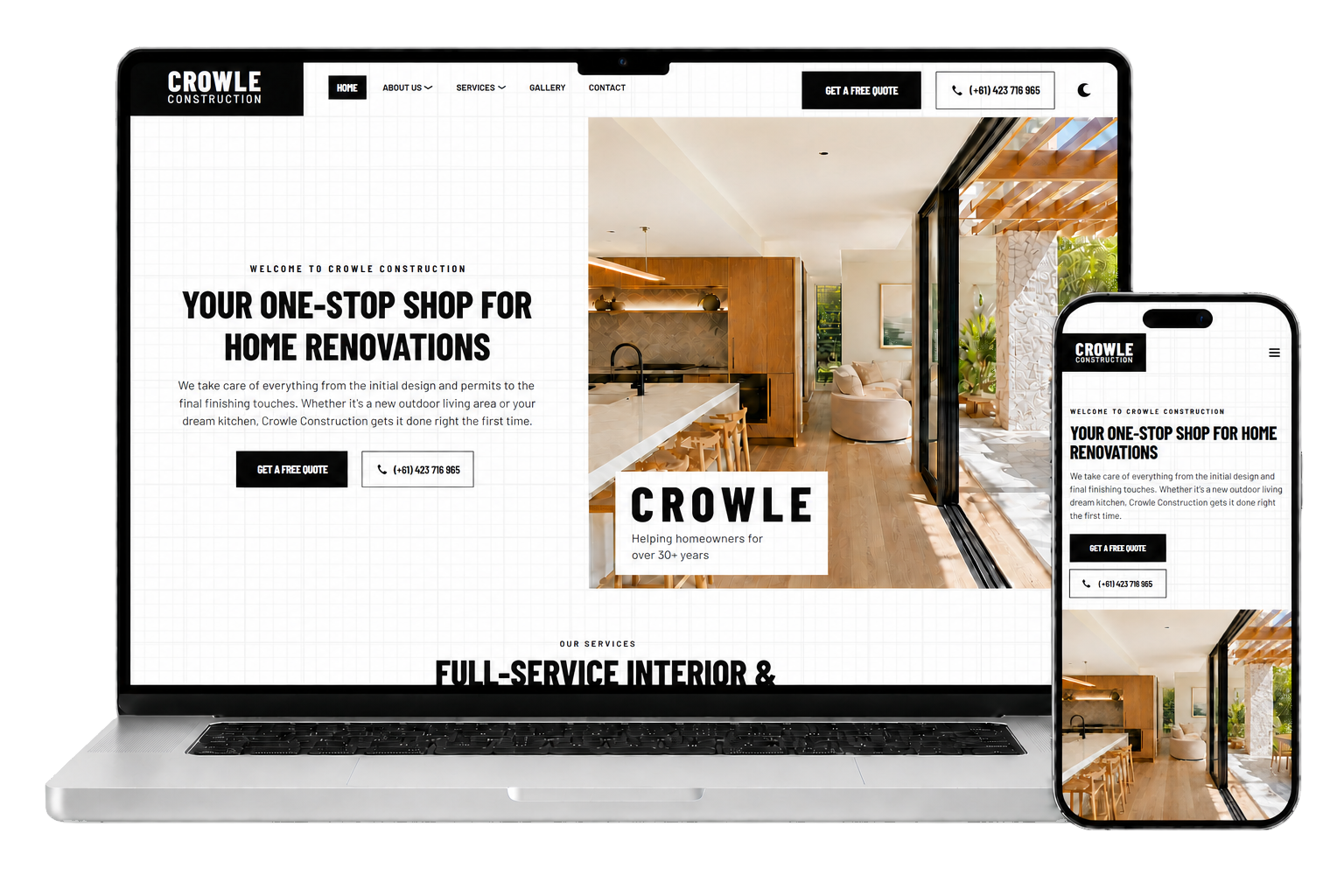 Crowle Construction GC website displayed on laptop and mobile screens
