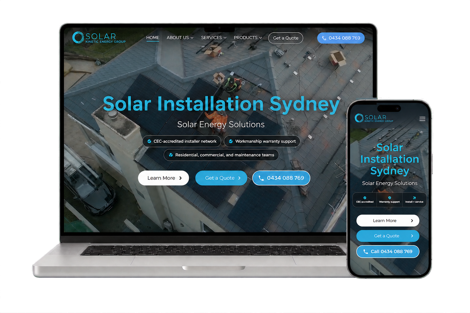 Keg Solar website displayed on a laptop and mobile phone