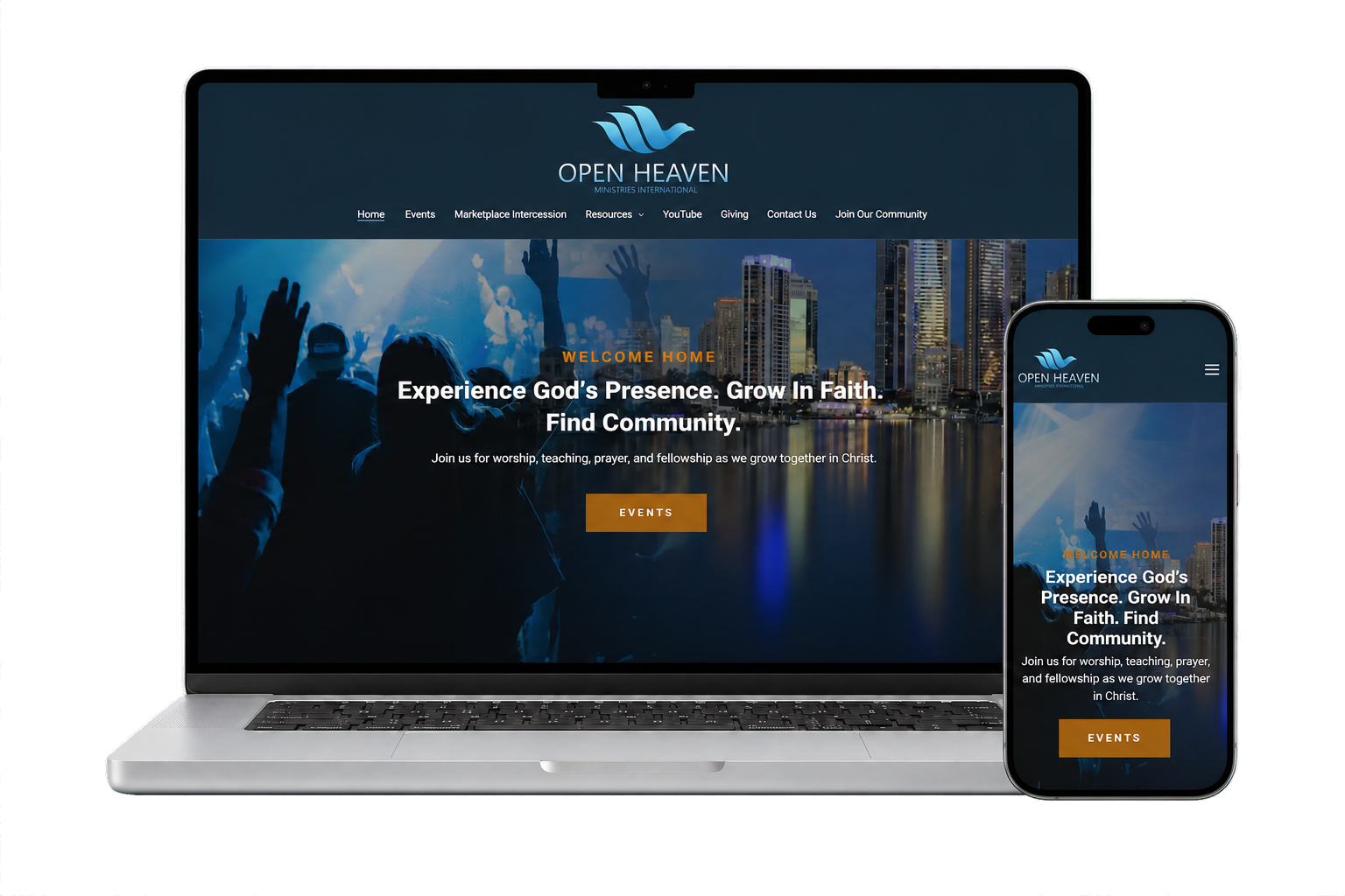 Open Heaven website displayed on a laptop and mobile phone