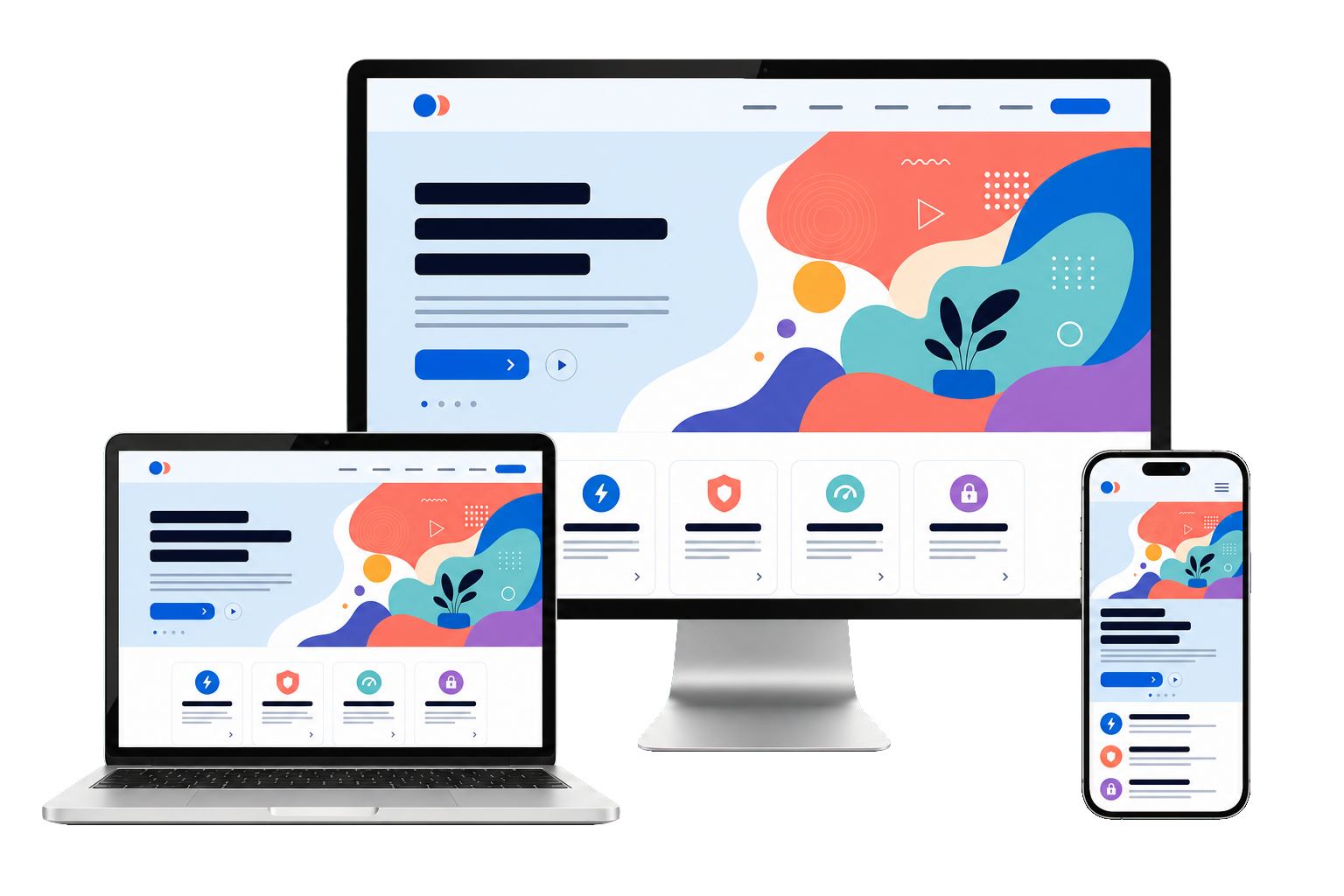 Responsive website design shown on desktop, laptop, and mobile