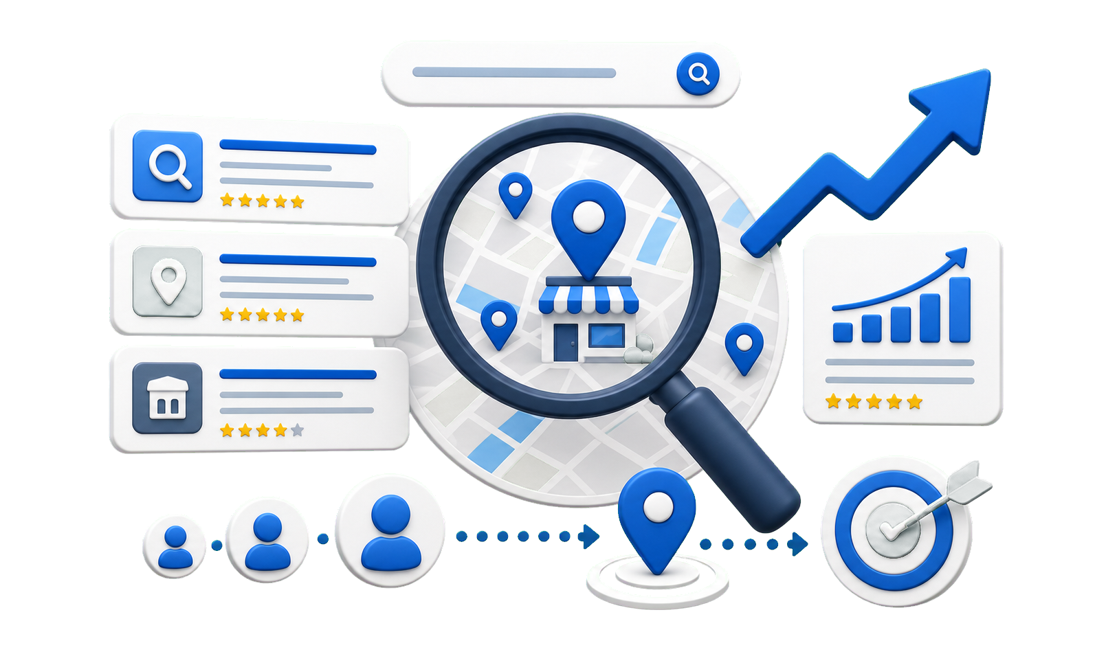 Local SEO discovery visual showing search results, map pins, customers, rankings, and growth