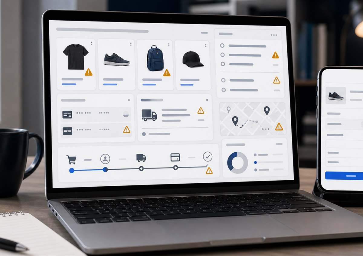 Unfinished ecommerce setup dashboard with product, payment, checkout, and shipping issues