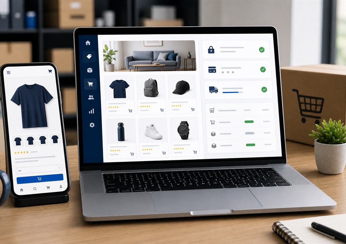 Clean ecommerce website setup with product pages, checkout, payments, and mobile shop view