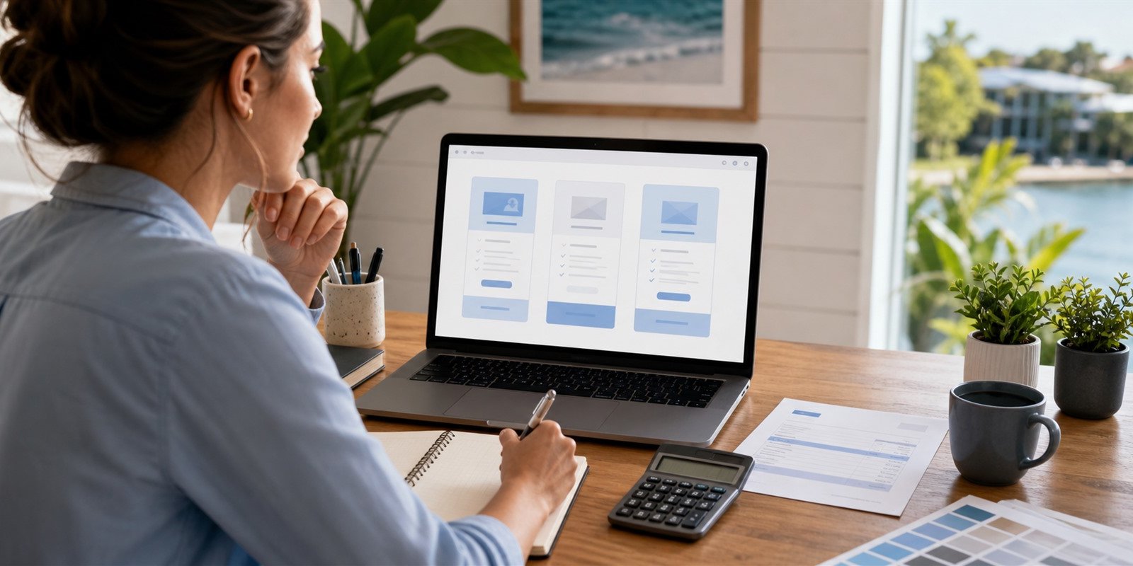 Small business owner reviewing website package costs on a laptop