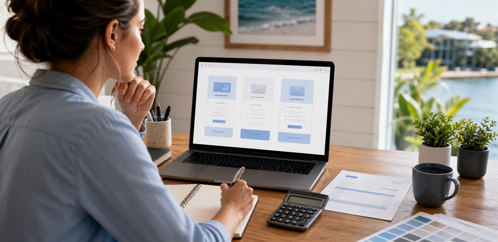 Small business owner reviewing website package costs on a laptop