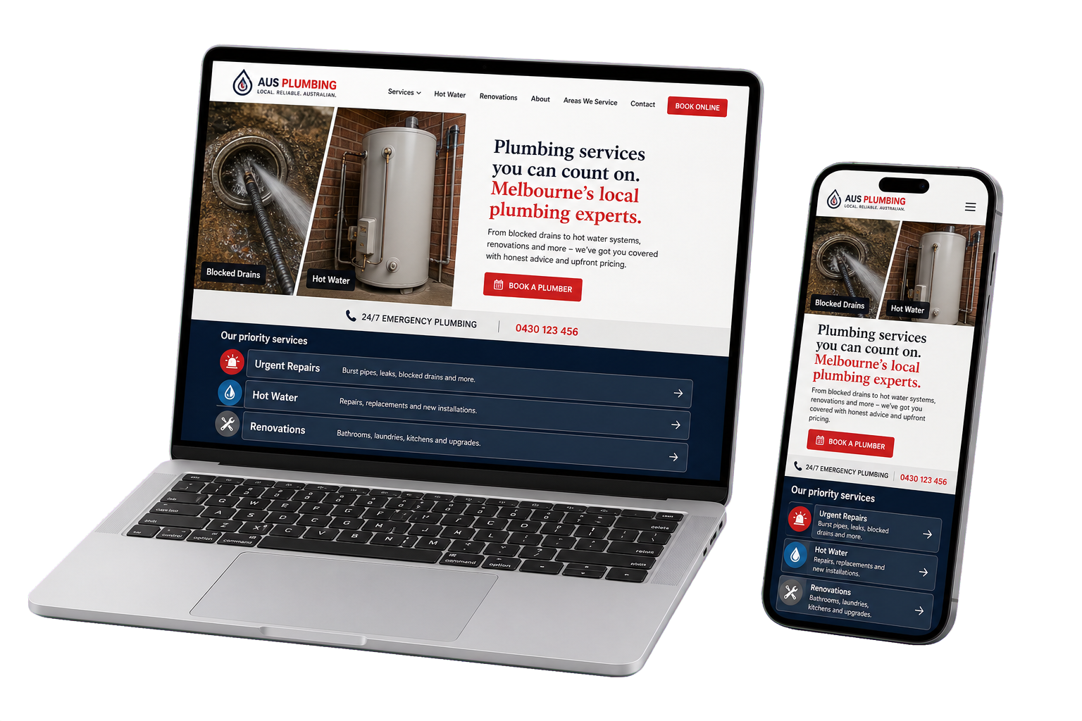 Responsive plumbing website displayed on a laptop and mobile phone